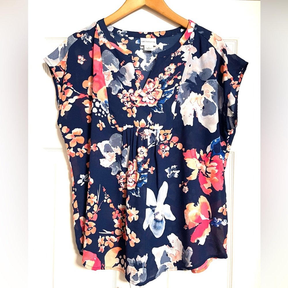 Liz Claiborne Navy Floral Split-Neck Blouse
